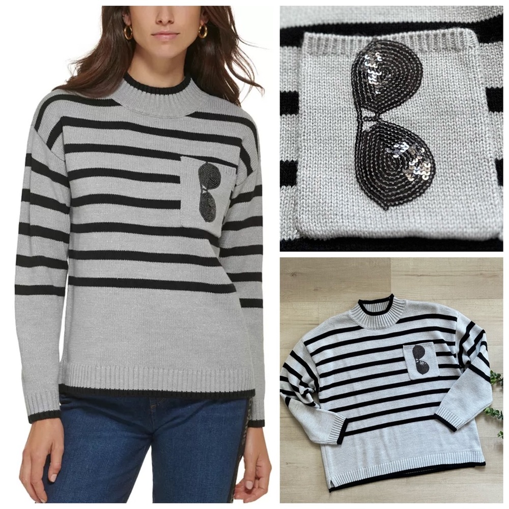 KARL LAGERFELD XL Mockneck Stripe Sunglass Pocket Sweater Heather Gray Silver